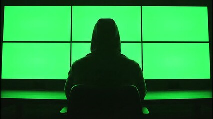 Silhouette of an anonymous hooded person sitting in a dark room in front of a wall of glowing green screens.
