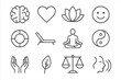© Valentyna - Wellness Icons Collage. Line style icons of wellness symbols: brain, heart, lotus flower, mood face; lifebuoy, lounge chair,