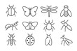 © Valentyna - Bug Silhouette Icons. Line style icons of simplified bug silhouettes: beetle outline, butterfly shape, dragonfly contour, bee icon