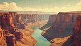 Vast canyon with winding river reflecting sky. Tall red rock cliffs under hazy clouds. Sunlight casts shadows on rugged earth, showing natural beauty.