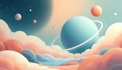 Wall Mural - Dreamy space landscape with large ringed planet, celestial bodies in starry night sky. Soft pastel clouds, pink, blue, float above calm ethereal cloud formations. Serene cosmic background for