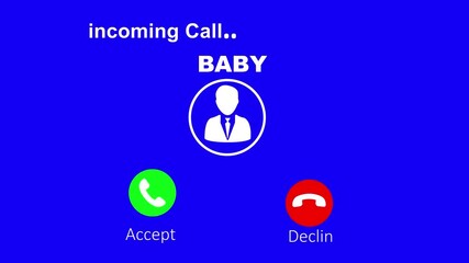 Mobile phone screen with baby incoming call animation .Incoming Call Screen Animation with Accept and Decline Option And Copy Space Placement on blue Background.4k animation motion graphic veideo..
