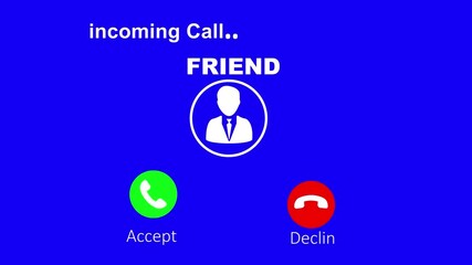 Mobile phone screen with friend incoming call animation .Incoming Call Screen Animation with Accept and Decline Option And Copy Space Placement on blue Background.4k animation motion graphic veideo..