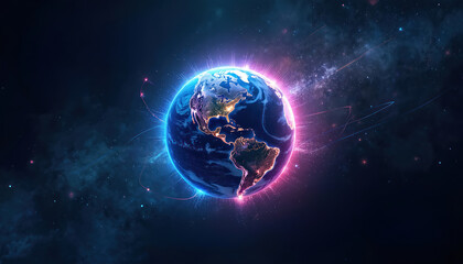 Wall Mural - Glow planet earth in space. Digital art of globe with lights effect. Futuristic Earth concept. Cosmos backdrop. Network communication system. Perfect for web design templates or eco projects.