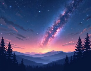 Wall Mural - colorful night sky with milky way over mountain range and woods. fir trees silhouette in foreground.