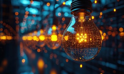 Illuminated bulb, glowing warmly against a backdrop of soft, blue-and-orange bokeh