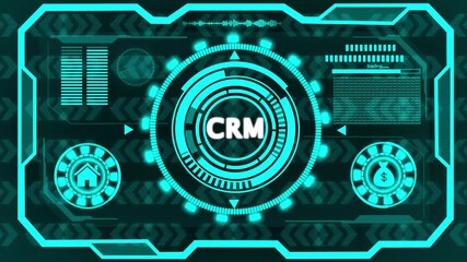 Wall Mural - Vertical Neon CRM Icon with Digital Binary Code Background in Red and Pink Tones Customer Relationship Management
