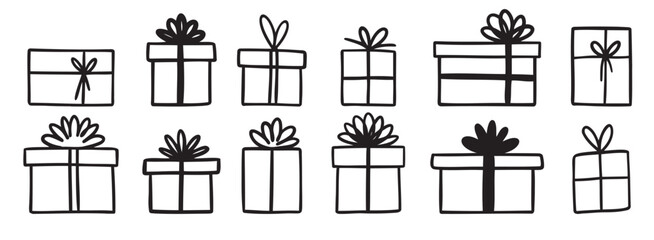 gift box doodle. Gift doodle bow present with ribbon illustration. Present hand drawn icon decorative outline element