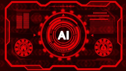 Wall Mural - Glowing Pink Neon Circle with AI Text Against Red Digital Data Background artificial intelligence technology