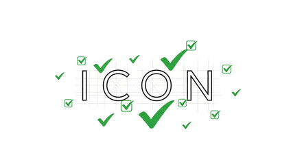 Green checkmarks surround a black outline of the word 