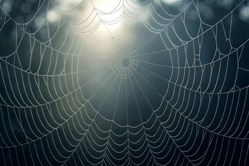 Spiderweb glistening with dew drops against a blurred background in the early morning light outdoors