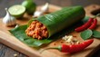 © Vadym - Spice paste wrapped in banana leaf with chili peppers garlic and limes nearby. Traditional cooking ingredient on wooden board. Savory meal preparation concept. Exotic food.
