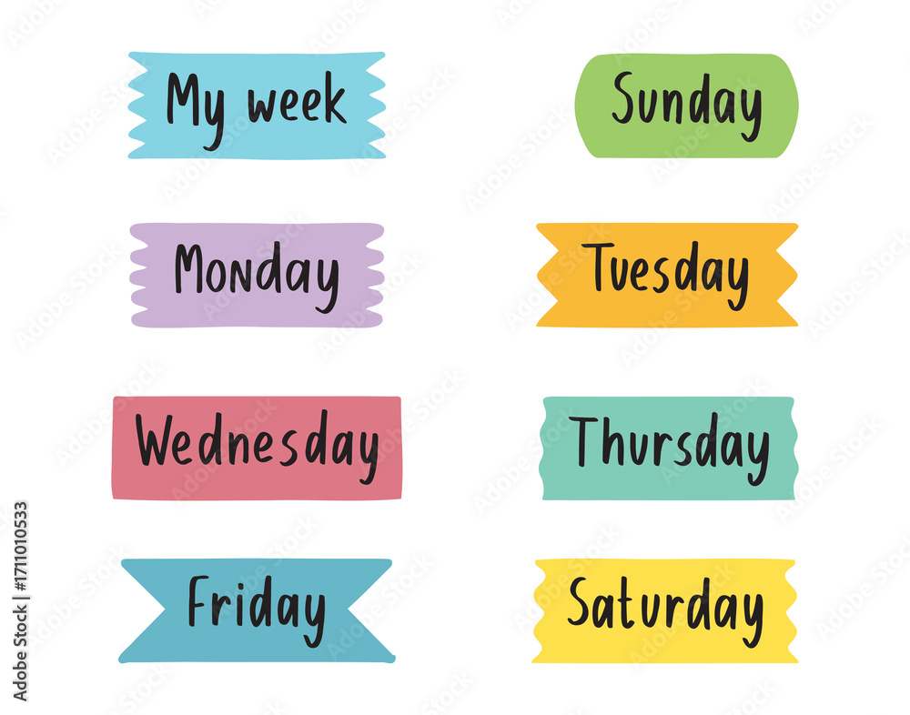 cute labels days of the week. Sunday, Monday, Tuesday, Wednesday ...