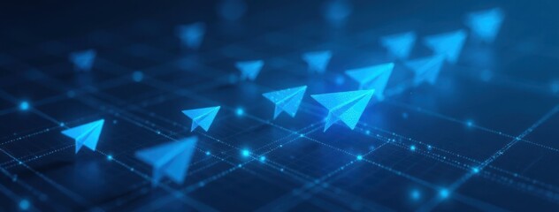 A Digital Journey: Glowing Paper Airplanes on a Dark Background. Excellent for visuals representing a message traveling through a network, a journey in the digital world