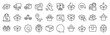 © blankstock - Box line icons. Settings gear, Message, Inflation icons. Package, delivery boxes, cargo box. Cargo distribution, export boxes, return parcel icons. Vector