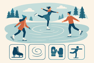 Skaters on Frozen Pond. Creative vector layout with skaters on frozen pond and ice sport icon set for skates, spin trace, mittens