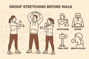 Pre-Walk Stretch Routine. Vector layout showing group stretching before walk and active start icon set for stretching arms, hoodie