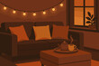 © Olha - Cozy Evening Scene. Vector art of evening sofa view with fall-toned cushions, tea tray on ottoman, and soft glow of string lights.