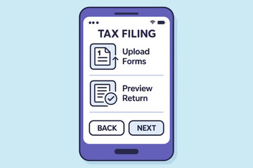 Mobile Tax Filing Interface. Vector illustration of mobile tax filing app interface showing steps for uploading forms and