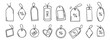 © Yanka - Price tag for sale or gift label doodle hand drawn icon set. Outline drawing price sale tag ribbon, discount label line clipart symbol collection.
