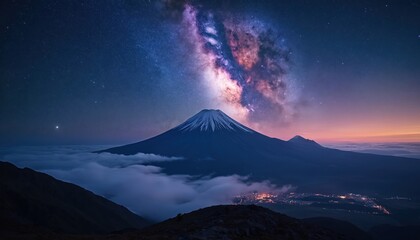 Canvas Print - snowy peak dominates night scenic. milky way glows above mountain. clouds drift past volcano summit.