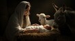 © Светлана Воротняк - Woman, Mary, watches over baby Jesus in a manger with a lamb and donkey. Bethlehem night scene, nativity story for Christmas celebration.