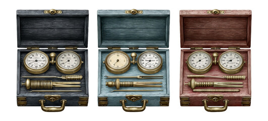 Vintage Pressure Gauges in Colorful Wooden Cases on Transparent Background