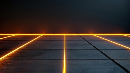 Wall Mural - Black and orange floor with a grid of lights. The floor is empty and the lights are on, creating a futuristic and industrial atmosphere. The lights are arranged in a way that they form a pattern