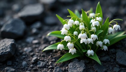 Delicate white lily of the valley flowers bloom from dark ruined soil. Green leaves contrast with grey rocks, showing nature resilience and fragile beauty. Small bells sway.