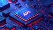 © art - High-tech close-up view of a circuit board with an illuminated API chip, showcasing intricate details and vibrant colors.