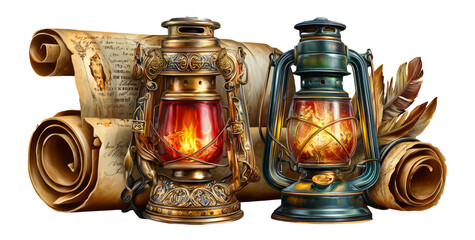 Vintage Lanterns on Scrolls with Historical Documents and Warm Light Glow