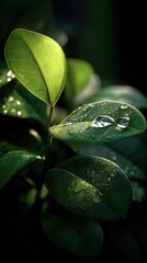 Wall Mural - Close-up of Fresh Green Leaves with Water Droplets Displaying Natural Beauty and Serenity in Selective Focus
