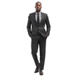 © SMH.Siam. - Full body portrait of a confident black man wearing a dark grey suit and tie standing with hands in pockets isolated on transparent background