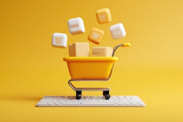 Wall Mural - Online Shopping Concept with Yellow Cart, Keyboard, and Floating Icons on a Yellow Background