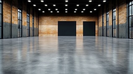 Wall Mural - Large, empty room with a brick wall and a black board on the wall. The room is empty and has a very industrial feel