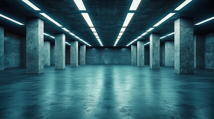 Wall Mural - Large, empty, and dimly lit room with a blue color scheme. The room is empty and has no furniture or people