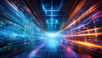 Wall Mural - digital tunnel with vibrant colors and light at end representing data flow and technology image evokes sense of exploration and innovation