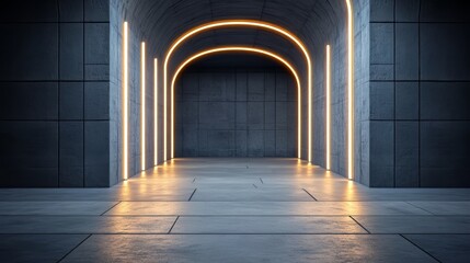 Wall Mural - Long, narrow room with a yellow light shining down on it. The room is empty and has a very industrial feel to it