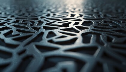 Close-up abstract view of dark metal surface with repeating geometric perforations creating shadow play. The textured material has an industrial modern aesthetic with intricate patterns.