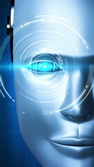 Wall Mural - robot hominoid face close up with graphic concept of engineering science study by ai thinking brain,