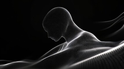 Wall Mural - Man's head is shown in a black and white photo with a blurry background. The photo is of a computer generated image, which gives the impression of a futuristic or otherworldly scene