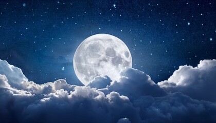 Wall Mural - serene night sky with a full moon shining above fluffy clouds and scattered stars