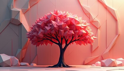 Pink polygonal tree with geometric leaves stands against abstract angular backdrop. Digital art conveys nature growth and futuristic tech design concept.