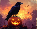 Raven perched on carved pumpkin with faint glow, muted plum and burnt orange tones, retro Halloween silhouette illustration with film grain and vintage feel