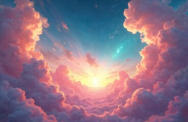 Wall Mural - Pink, orange, purple fluffy clouds fill sky. Bright sun shines at horizon over vast cloudscape. Fantasy dreamlike scene soft glowing light. Ethereal colors create magical heaven at sunrise sunset