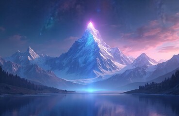 Wall Mural - Mountain landscape illustration at starry night. Aurora borealis, snow peaks, lake, forest. Icy mountains top glowing in pink. Backdrop for tech, travel or eco themes. Amazing nature view art.