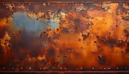 Wall Mural - tarnished metal plate with layers of fading and stains showcasing rich texture and warm tones surface displays intricate patterns and weathered appearance evoking sense of history and character