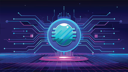 Futuristic Digital Circuit Board with Glowing Technology Chip and Abstract Cyber Network Design Background