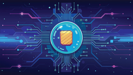 Futuristic Digital Circuit Board with Glowing Technology Chip and Abstract Cyber Network Design Background