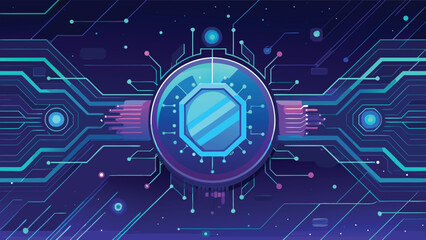 Futuristic Digital Circuit Board with Glowing Technology Chip and Abstract Cyber Network Design Background